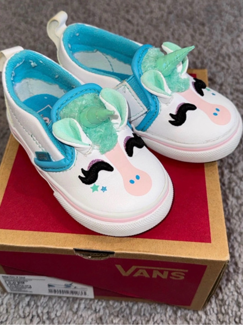 Vans Kids White Unicorn Slip-On Sneakers with Teal Accents